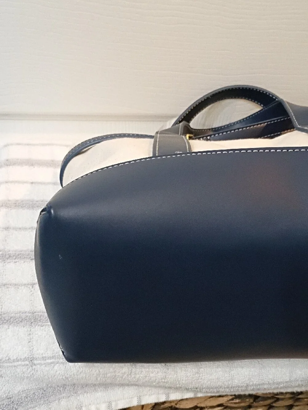 Steve Madden Cream and Navy Canvas Tote with Gold Hardware